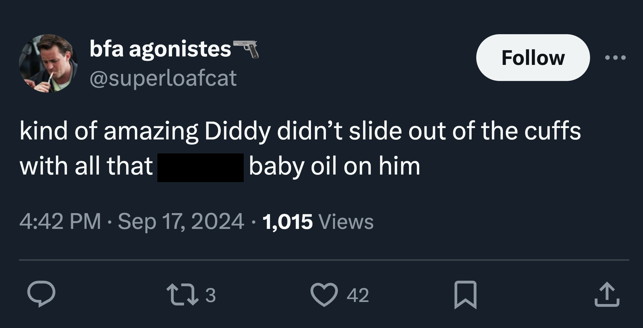 diddy tweets and reactions - screenshot - bfa agonistes kind of amazing Diddy didn't slide out of the cuffs with all that baby oil on him 1,015 views 173 42